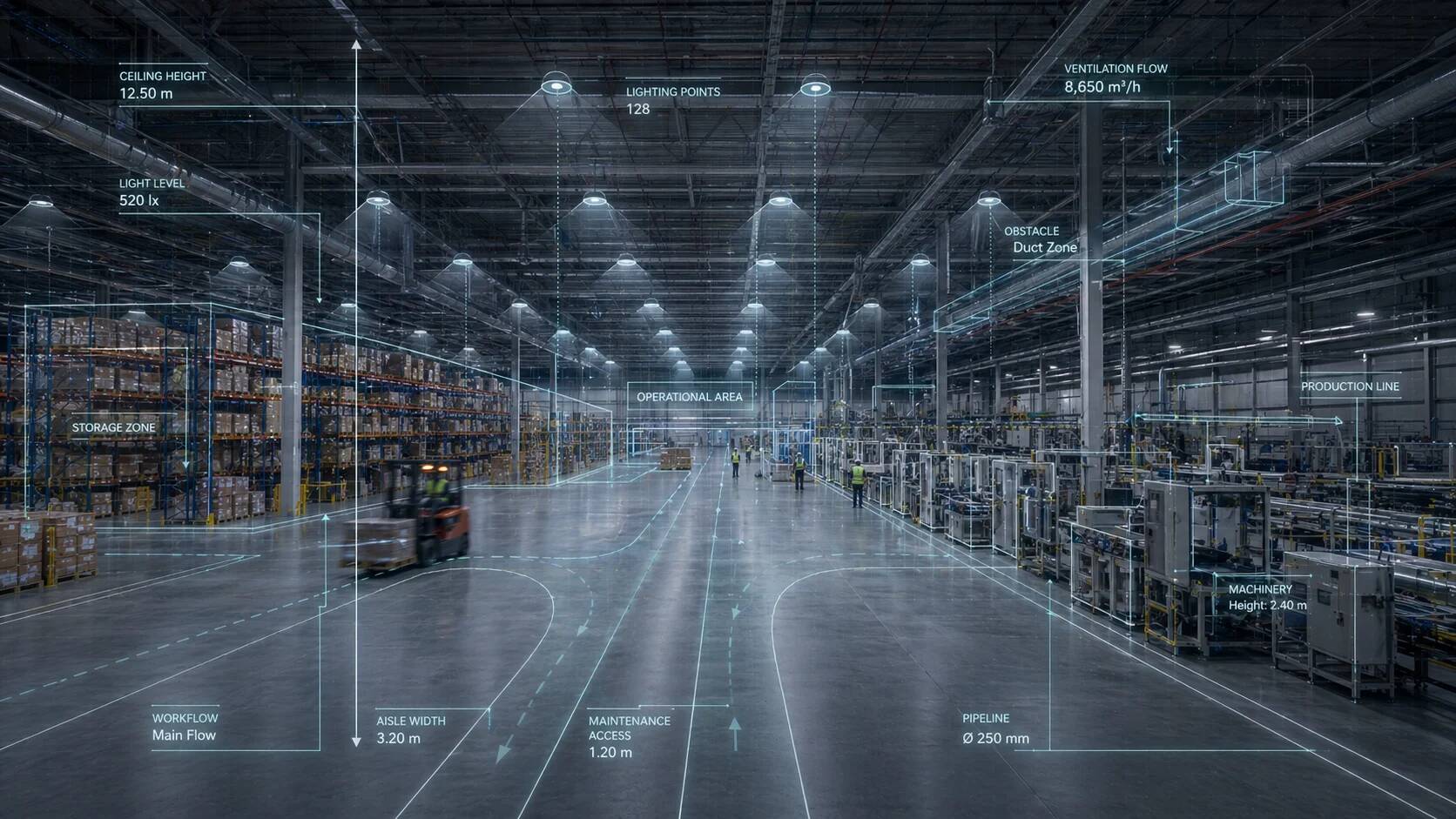 Lighting designer reviewing photometric model on industrial facility floor plan